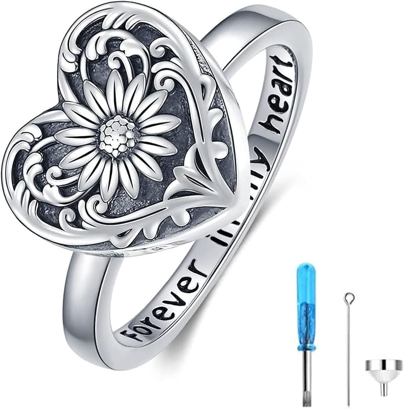 Personalized Sunflower Urn Ring in Sterling Silver for Memorial Keepsake