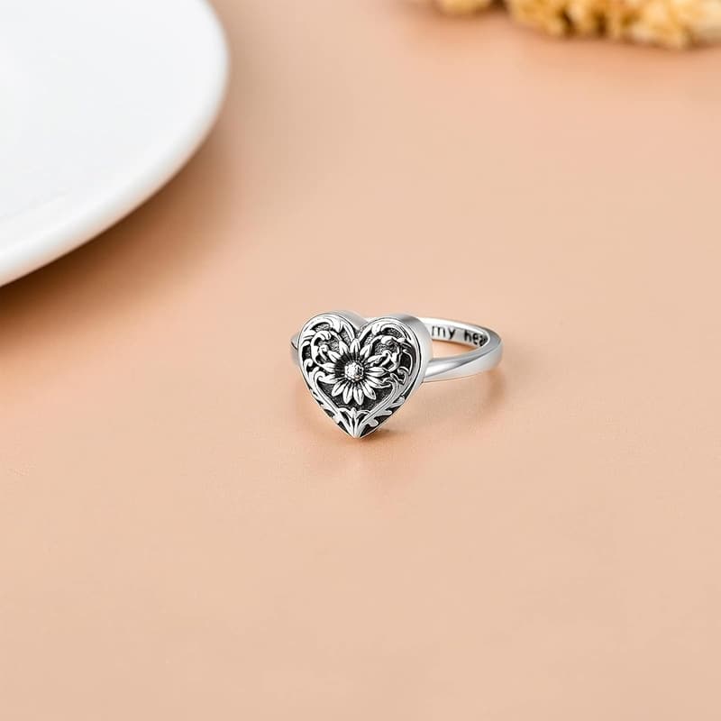 Personalized Sunflower Urn Ring in Sterling Silver for Memorial Keepsake