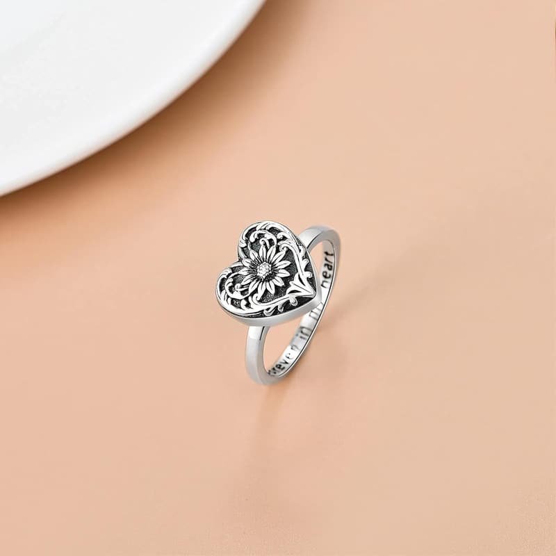 Personalized Sunflower Urn Ring in Sterling Silver for Memorial Keepsake