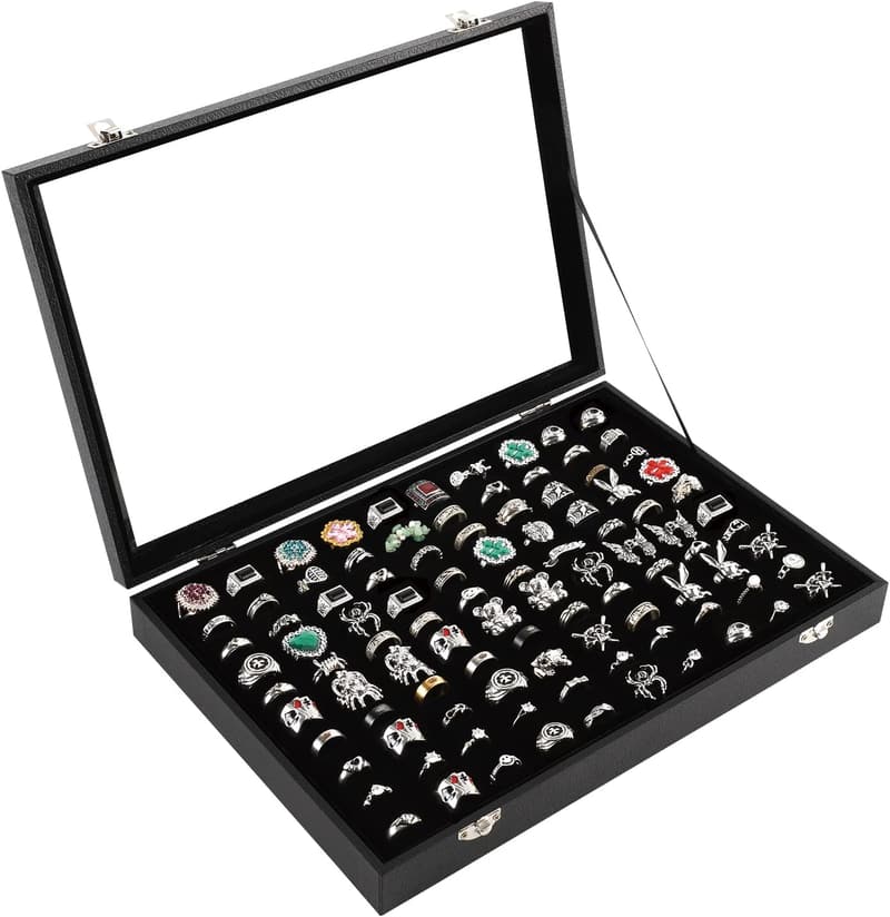 Jewelry Display Box with Glass Lid for 100 Rings - Black Velvet
