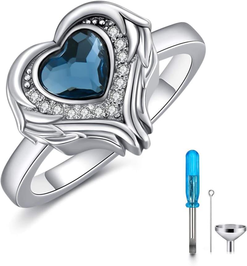 Memorial Angel Wings Heart Ring in 925 Sterling Silver