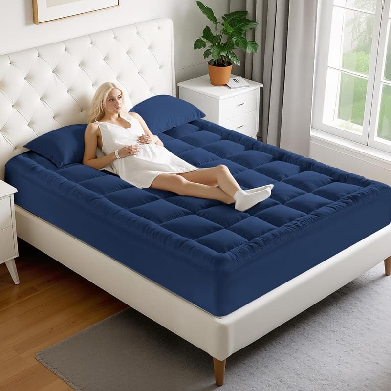 Cooling Quilted Mattress Pad - King Size, Navy Blue, Machine Washable