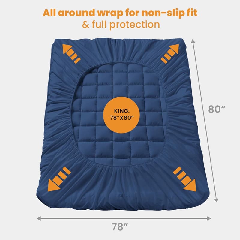 Cooling Quilted Mattress Pad - King Size, Navy Blue, Machine Washable