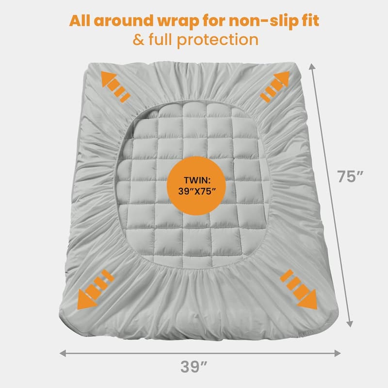 Cooling Quilted Twin Mattress Pad - Soft & Breathable, Light Grey