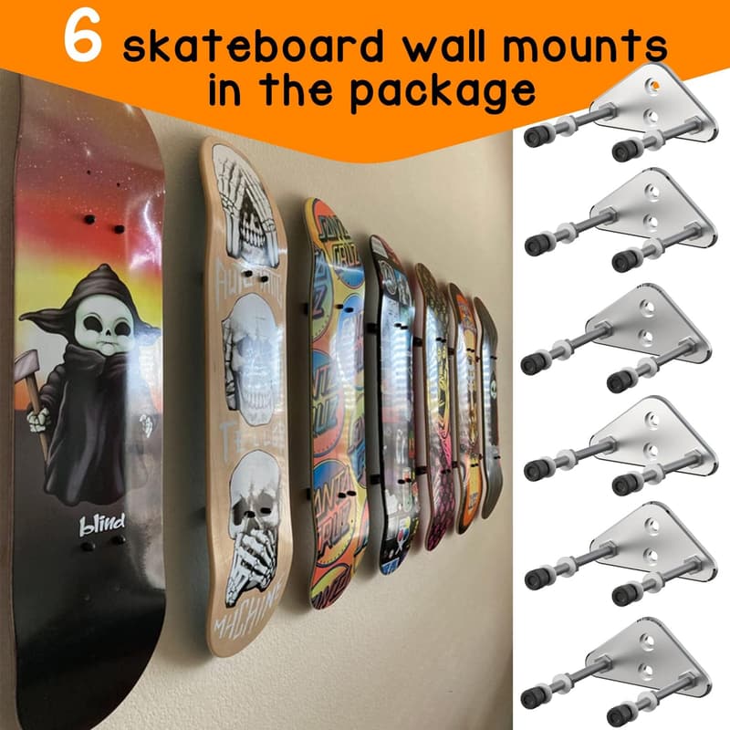 Skateboard Wall Mount Hanger - Aluminum, 6-Pack, Silver