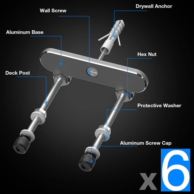 Skateboard Wall Mount Hanger - 6 Pack Aluminum Display