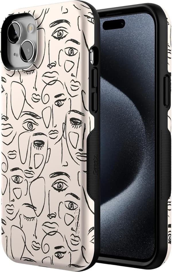 Bold Protective iPhone 15 Case | Minimal Face Art | MagSafe Compatible