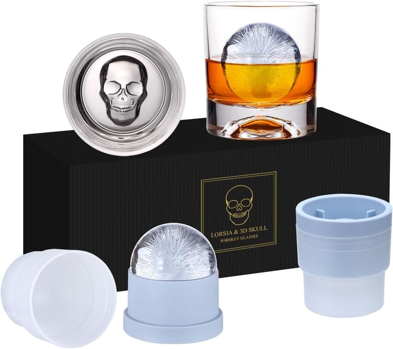 Whiskey Rocks Glass Set with Ice Ball Molds - Unique Gift for Men