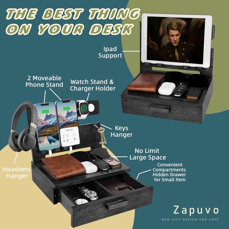 Wood Phone Docking Station Organizer for Dad on Father's Day