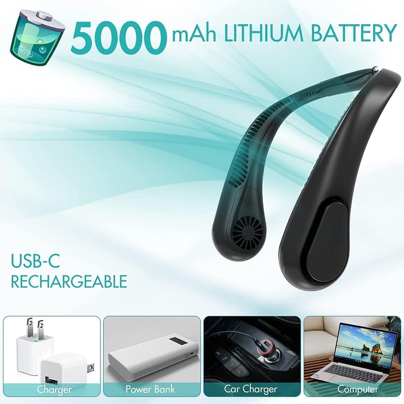 Portable Bladeless Neck Fan, Adjustable, 5000mAh Battery