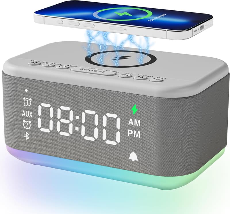 Wireless Charger Alarm Clock with Bluetooth Speaker & Dimmable RGB Light
