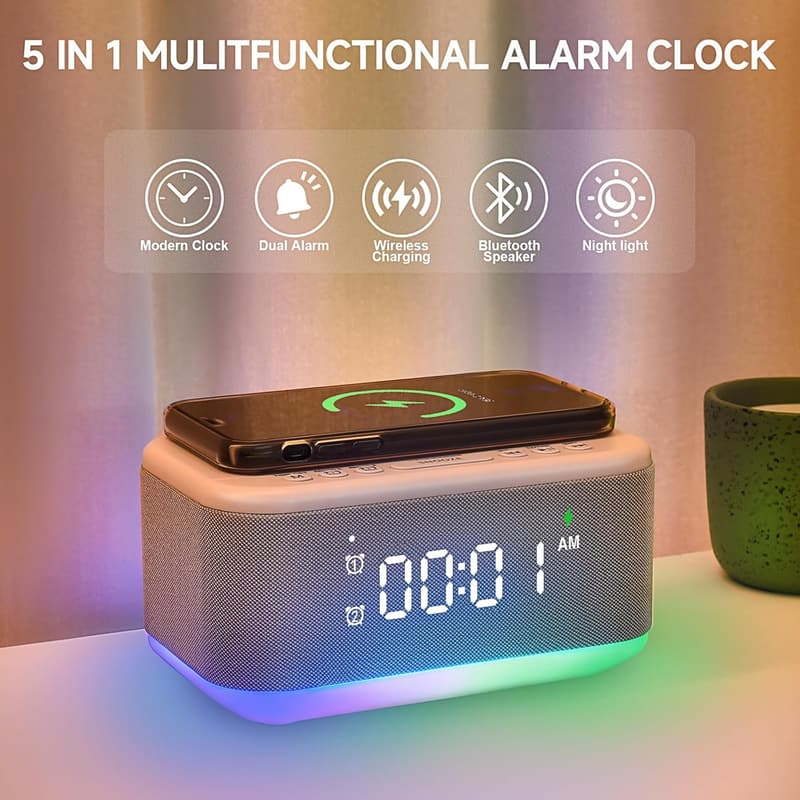 Wireless Charger Alarm Clock with Bluetooth Speaker & Dimmable RGB Light