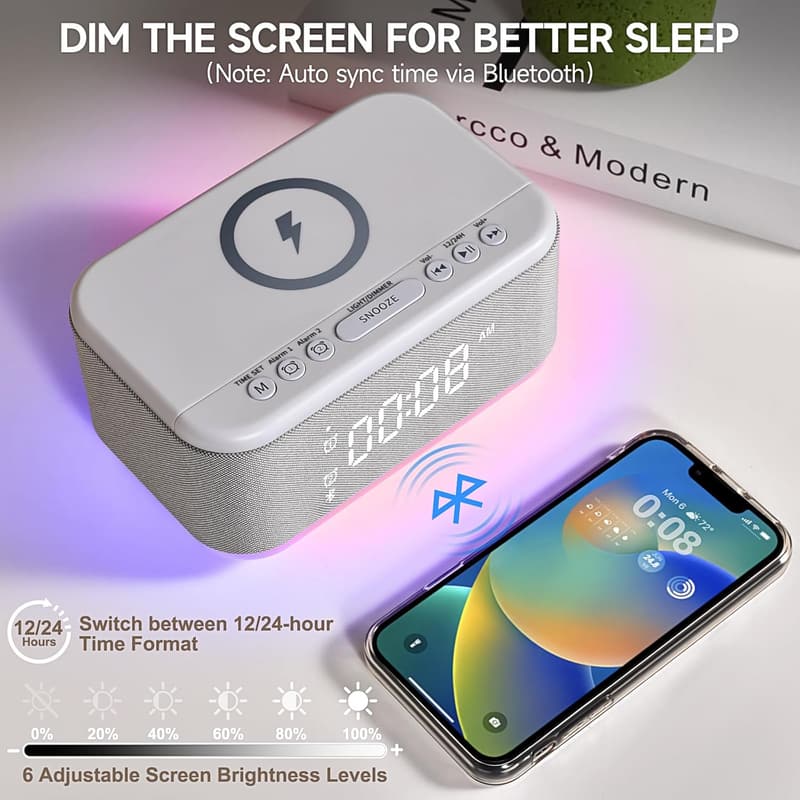 Wireless Charger Alarm Clock with Bluetooth Speaker & Dimmable RGB Light