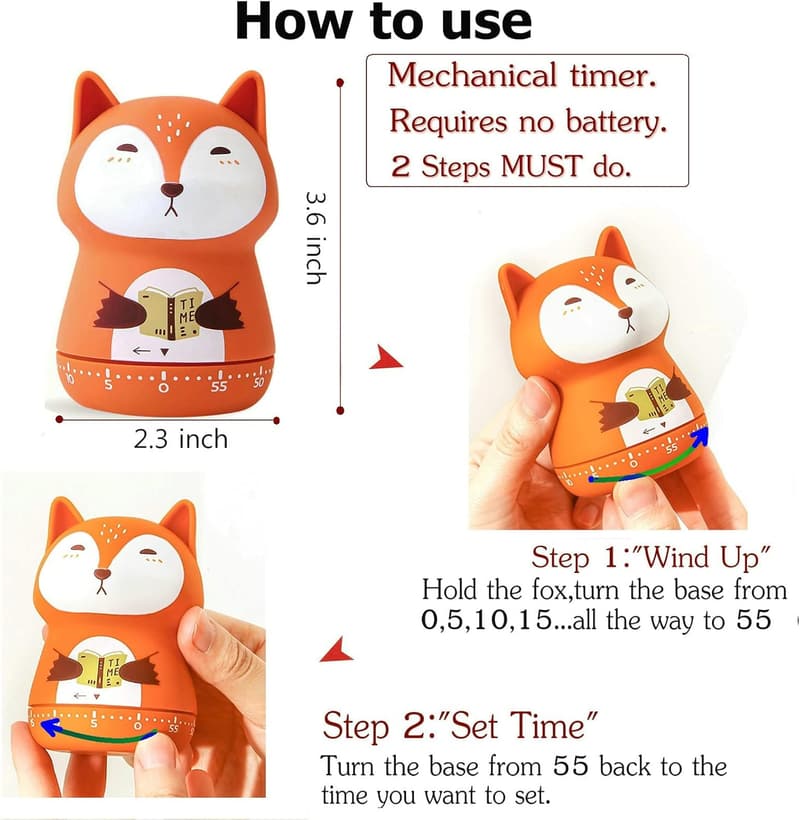Cute Animal Mechanical Kitchen Timer - 60-Minute Countdown (Fox)