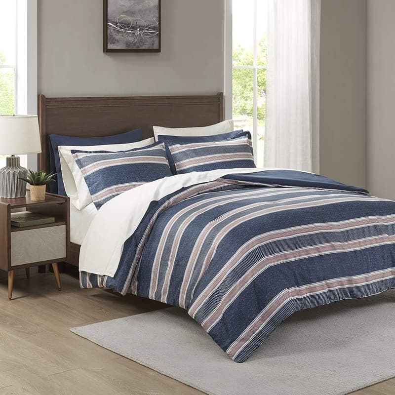 College Dorm Room Comforter Set - Navy/Red Stripes with Sheets