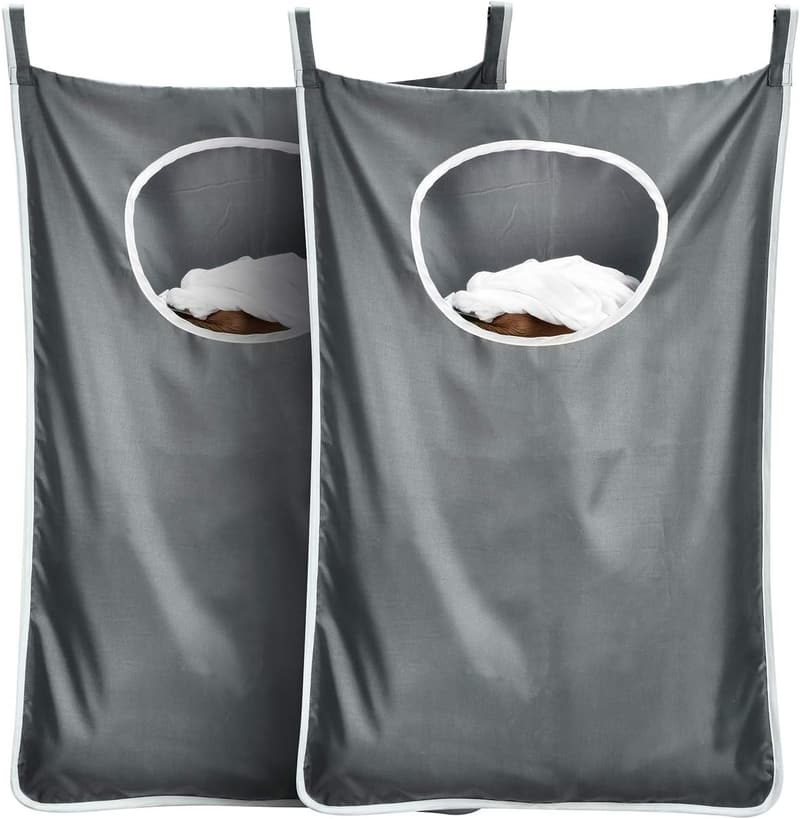 Space-Saving Hanging Laundry Hamper Bag with Stainless Steel Hooks - 2 Pack (Extra Large, Dark Grey)
