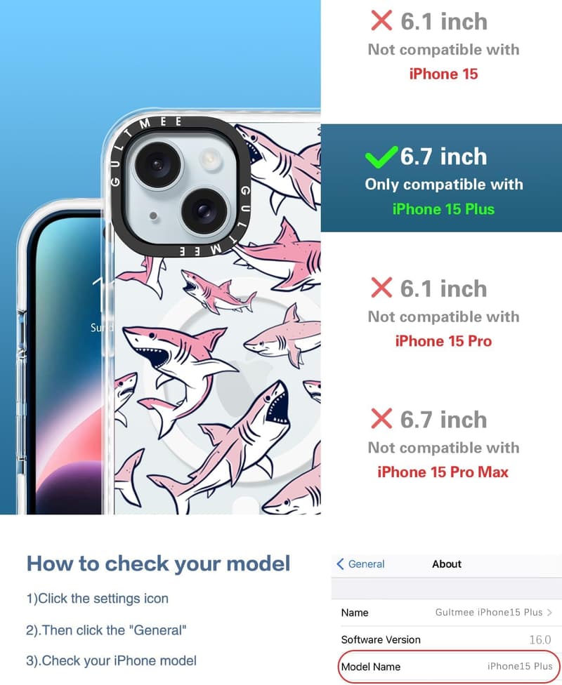 Cute Pink Shark iPhone 15 Plus Case – Shockproof MagSafe Compatible