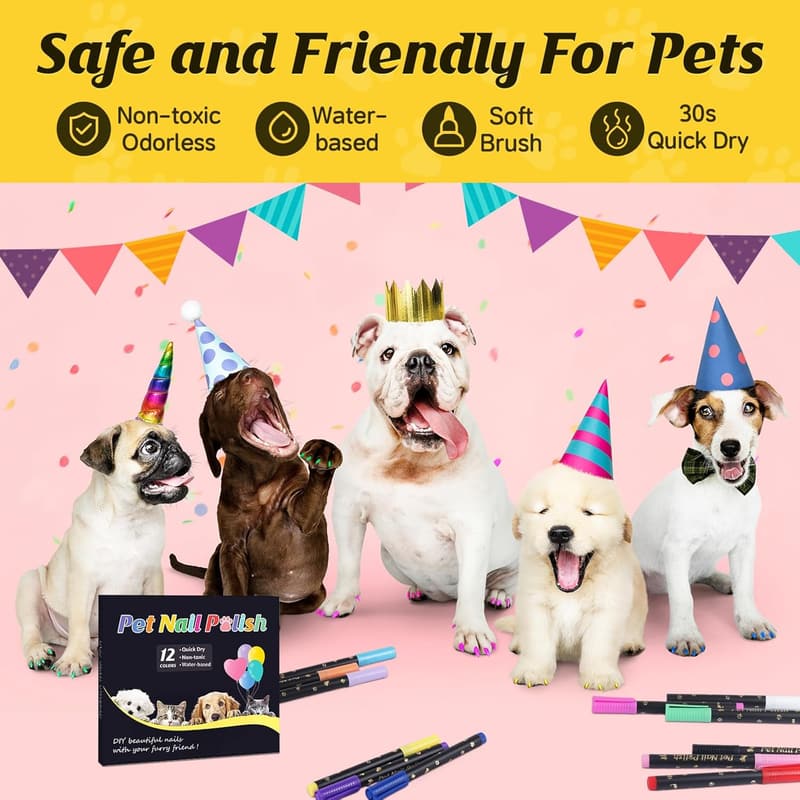 Dog Nail Polish Set - Quick Dry, 12 Safe Colors for Pets