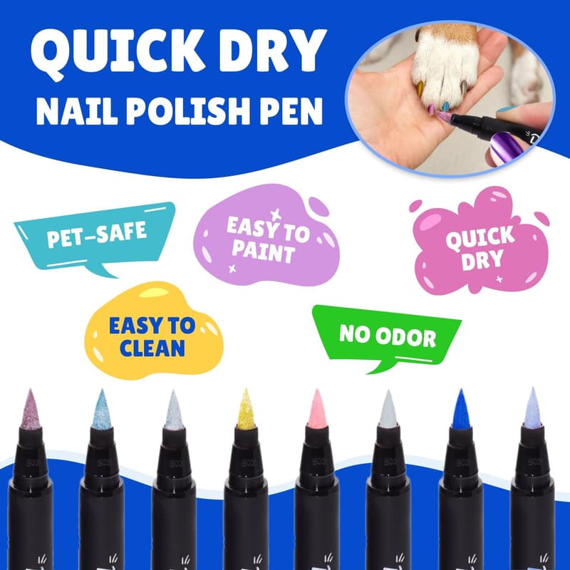 Dog Nail Polish Pens - 8 Quick-Dry Non-Toxic Colors with File