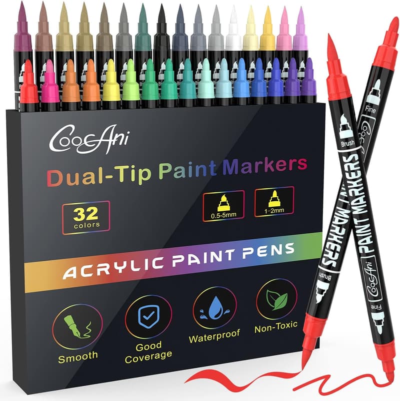 Dual Tip Acrylic Paint Markers - 32 Colors for DIY Crafts