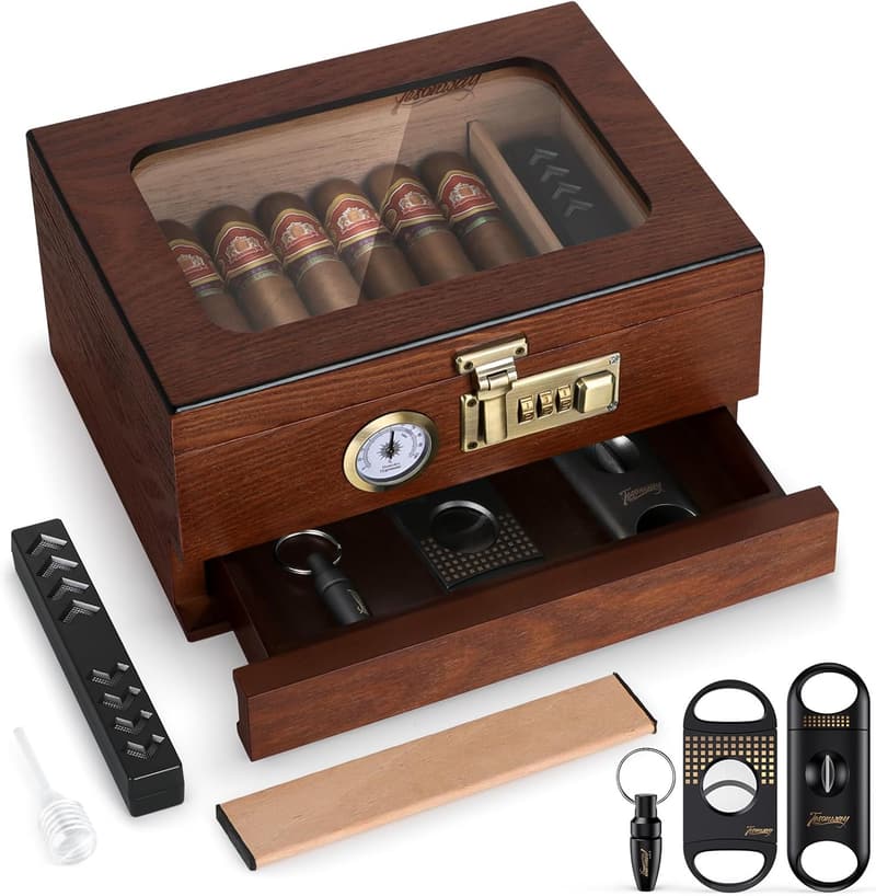 Cedar Wood Cigar Humidor with Glass Top and Humidifier