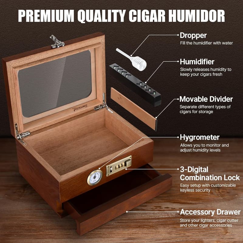 Cedar Wood Cigar Humidor with Glass Top and Humidifier