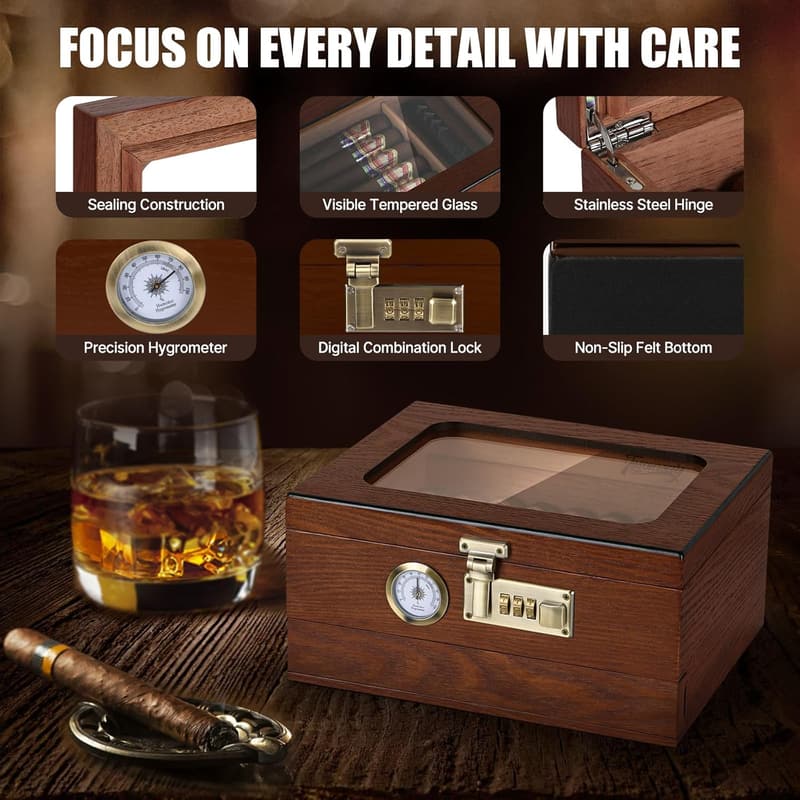Cedar Wood Cigar Humidor with Glass Top and Humidifier
