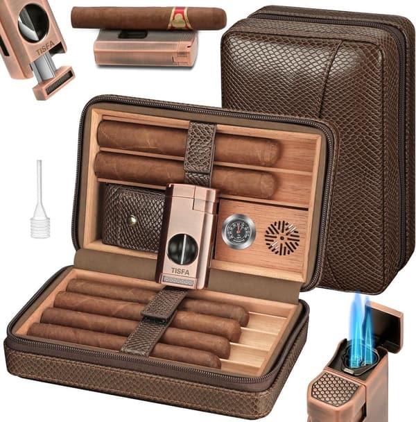 Portable Cigar Humidor Gift Set with Torch Lighter & Accessories