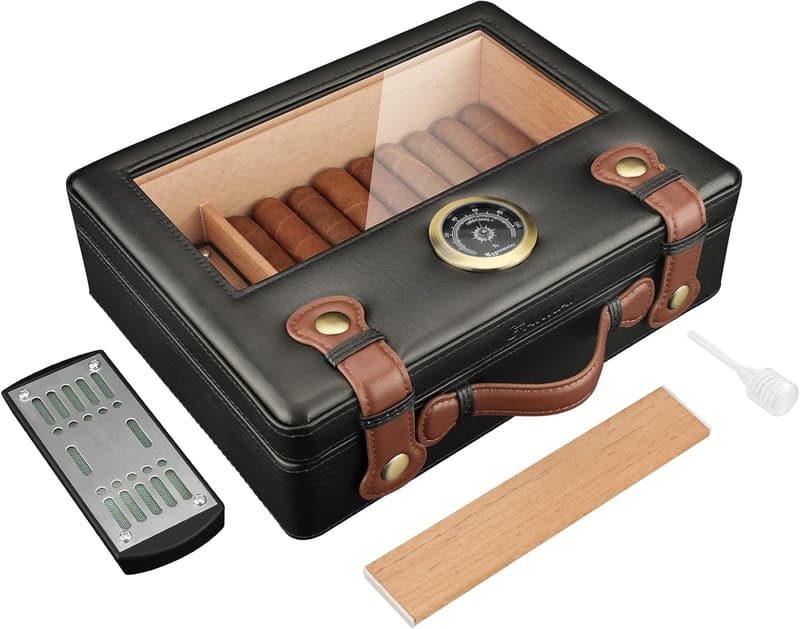 Cedar Wood Cigar Humidor with Glass Top & Humidifier