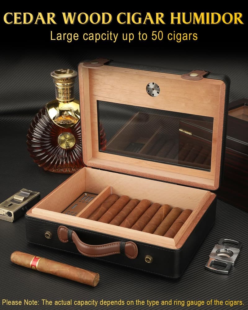 Cedar Wood Cigar Humidor with Glass Top & Humidifier