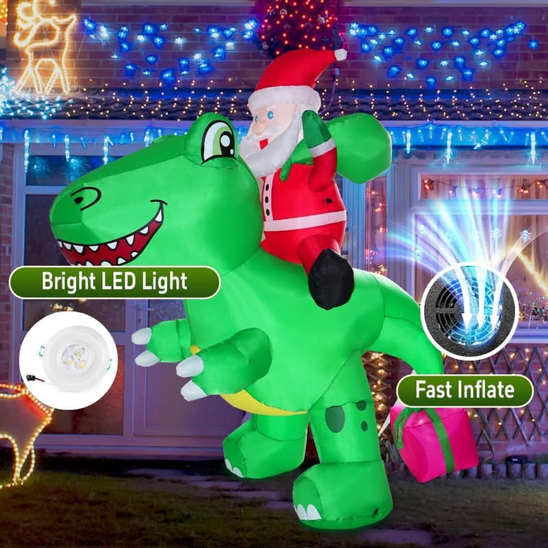 LED Santa Riding Dinosaur Christmas Inflatable Decoration - 9x7FT