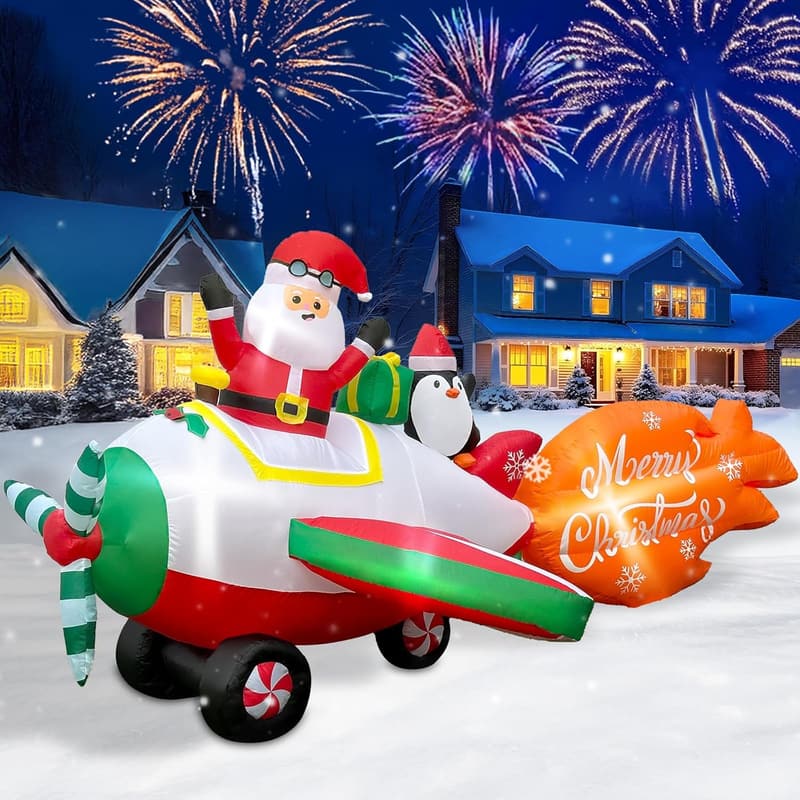 8 FT Inflatable Santa Airplane with LED Lights for Yard Decor