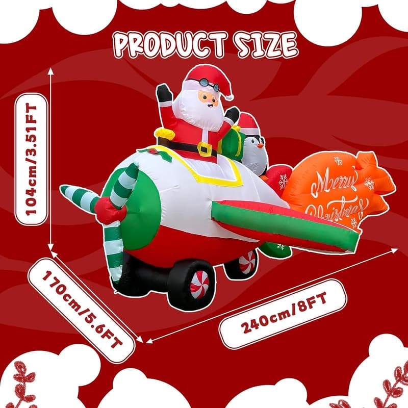 8 FT Inflatable Santa Airplane with LED Lights for Yard Decor