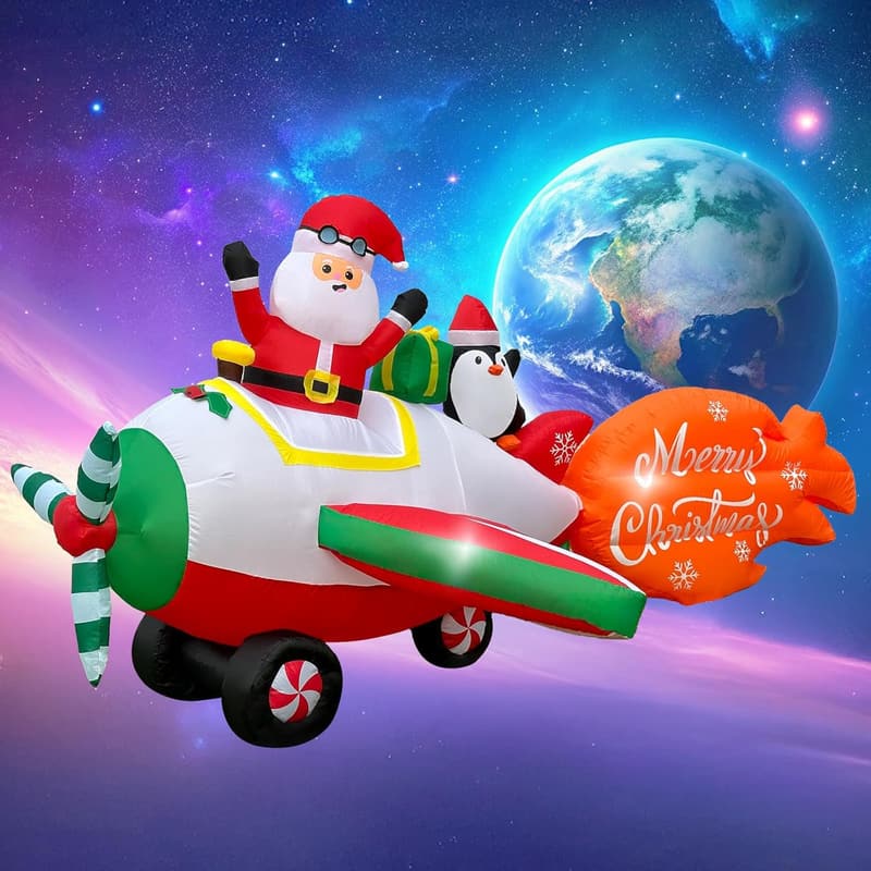 8 FT Inflatable Santa Airplane with LED Lights for Yard Decor