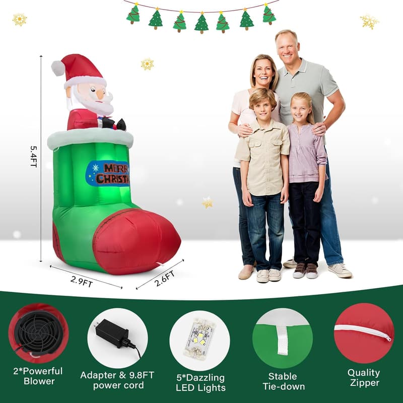 Christmas Inflatable Santa Decoration with LED Lights - 5.4FT