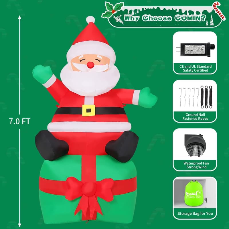 7 FT Santa Claus Inflatable with LED Lights for Christmas Yard Decor