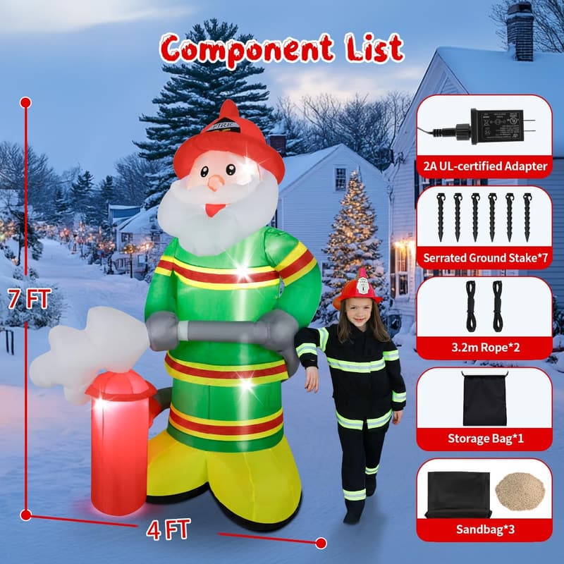 7FT LED Inflatable Firefighter Santa Decoration for Christmas