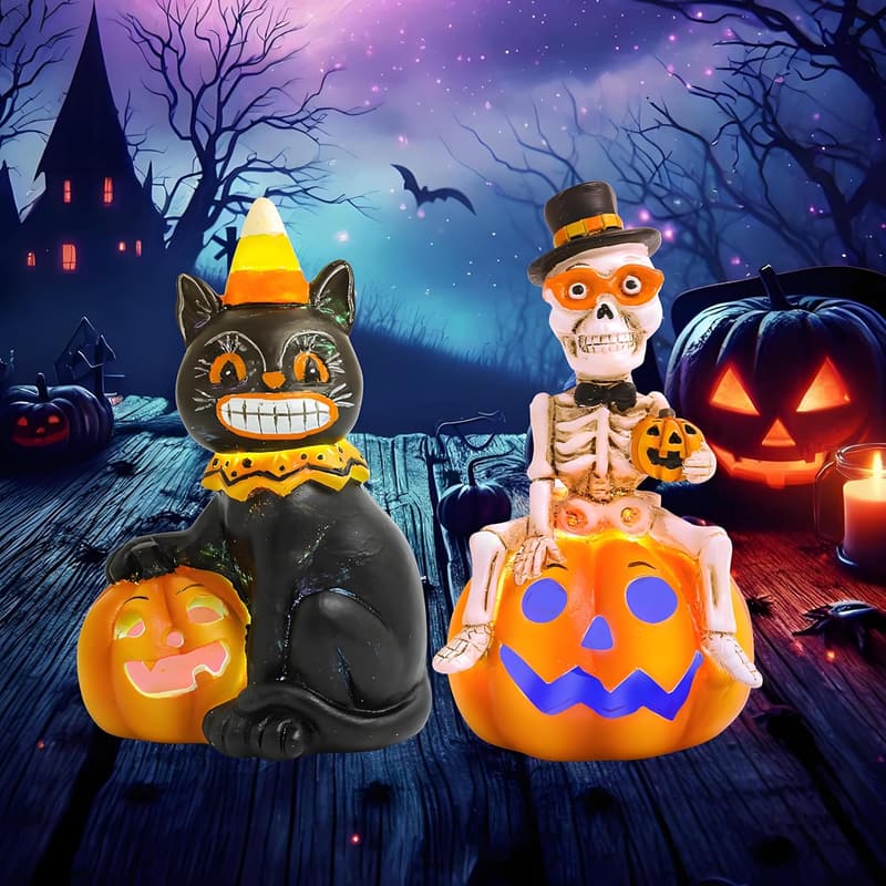 Halloween Table Decor - 2-Pack Skeleton & Black Cat Figurines
