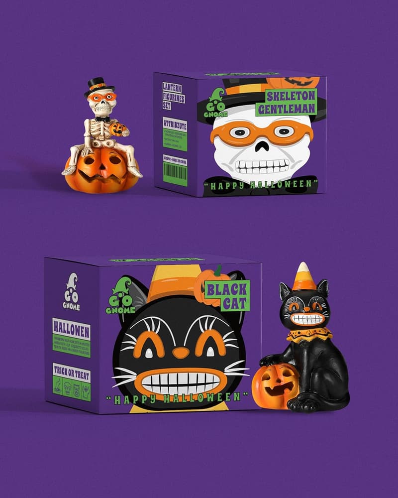 Halloween Table Decor - 2-Pack Skeleton & Black Cat Figurines