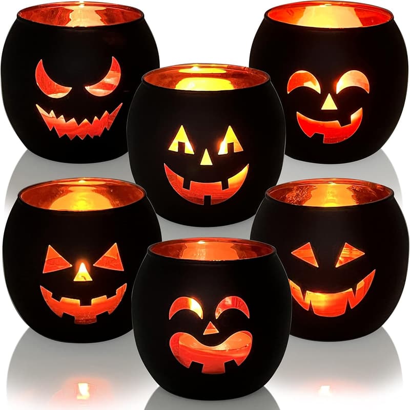 Halloween Jack O' Lantern Black Glass Tealight Holders Set of 6