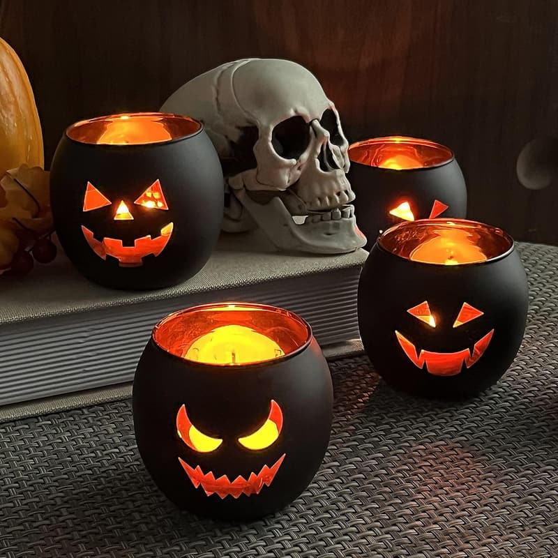 Halloween Jack O' Lantern Black Glass Tealight Holders Set of 6