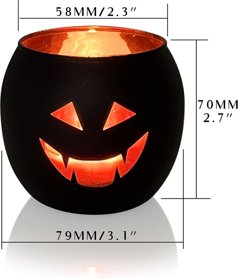 Halloween Jack O' Lantern Black Glass Tealight Holders Set of 6