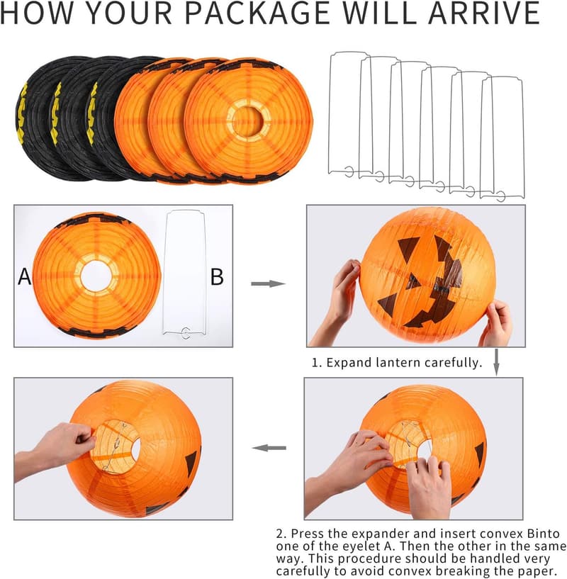 Halloween Pumpkin Paper Lanterns Set - 6 Spooky Decorations