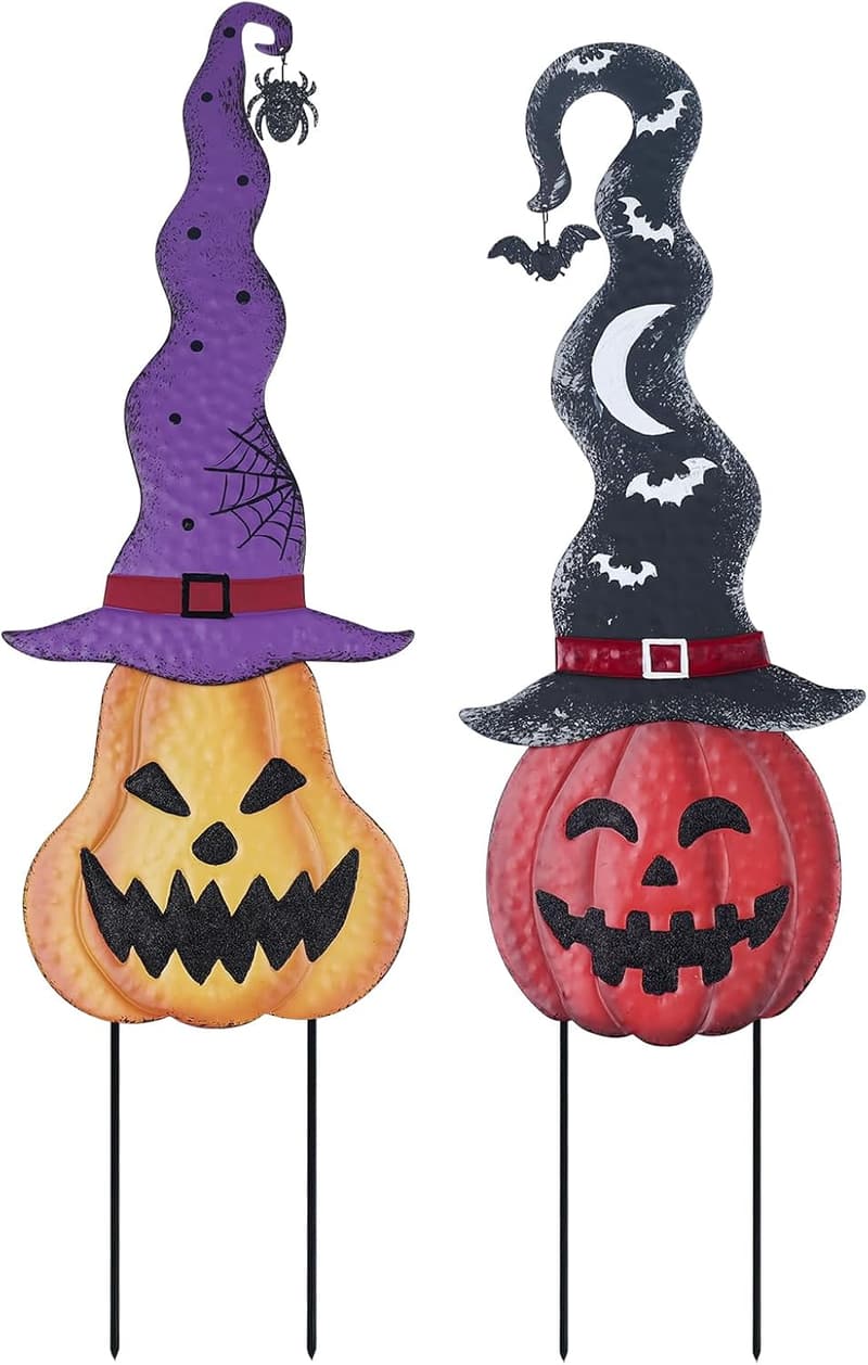 Halloween Pumpkin Garden Stakes with Witch Hats – Set of 2