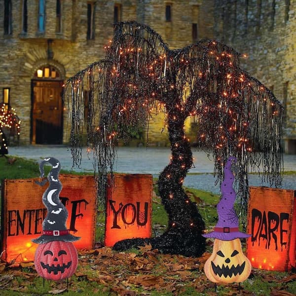 Halloween Pumpkin Garden Stakes with Witch Hats – Set of 2
