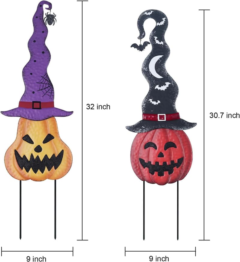 Halloween Pumpkin Garden Stakes with Witch Hats – Set of 2