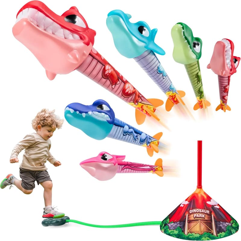 Dinosaur Toy Rocket Launcher with Foam Rockets - Gift for Kids 3-8