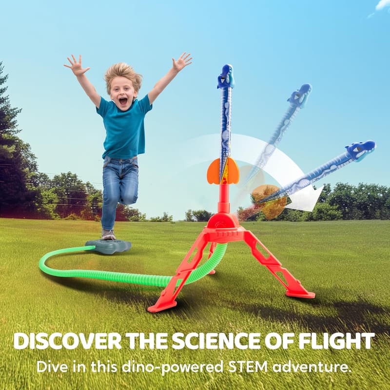 Dinosaur Toy Rocket Launcher with Foam Rockets - Gift for Kids 3-8