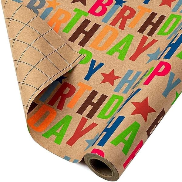 Happy Birthday Kraft Wrapping Paper Roll - Colorful Design, 17
