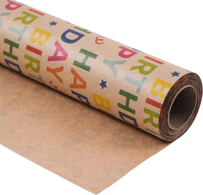 Colorful Happy Birthday Kraft Wrapping Paper Roll - 33 Feet